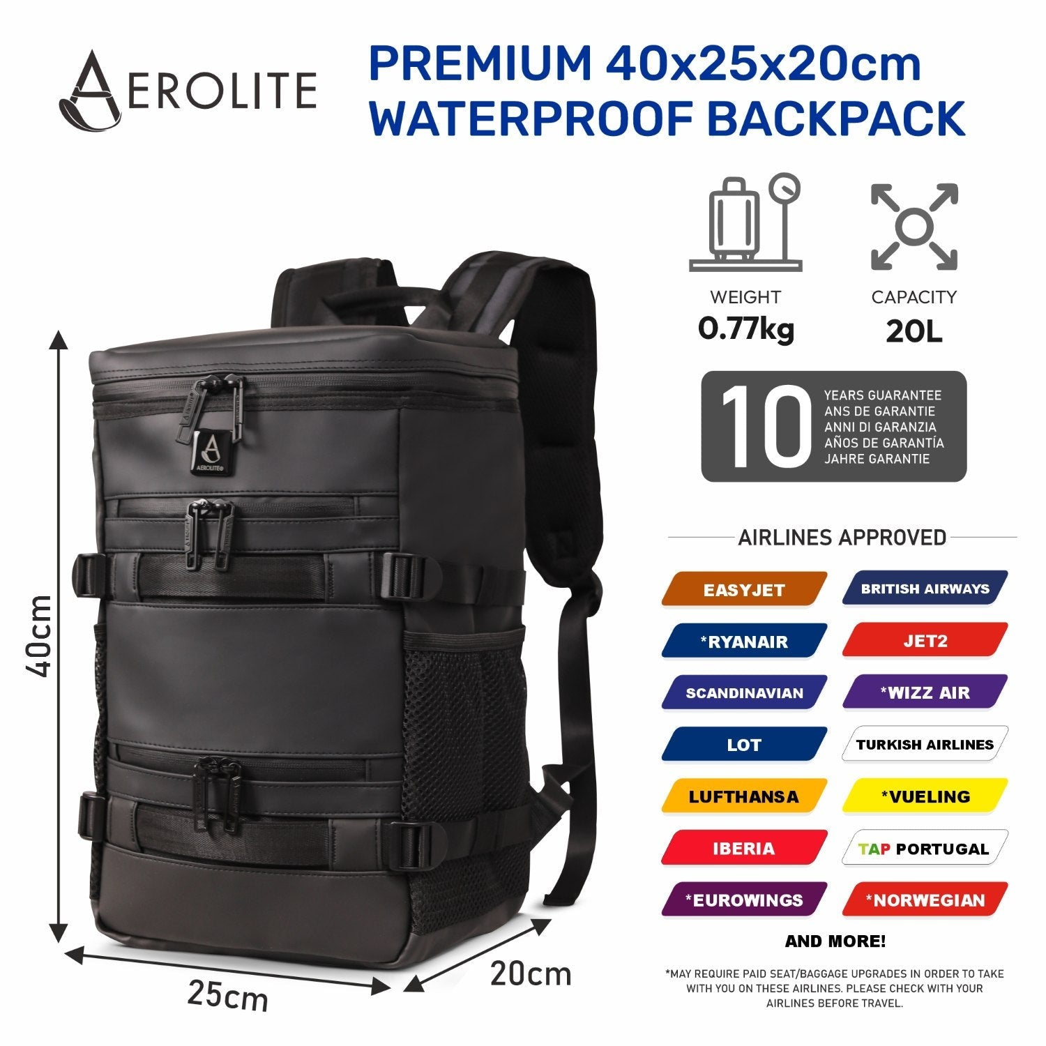 Aerolite Waterproof Backpack – Ryanair & Wizz Air Free Underseat Size 40×20×25 cm, 20L Cabin Rucksack with 14″ Laptop Sleeve, Multiple Pockets & Travel Essentials – Black