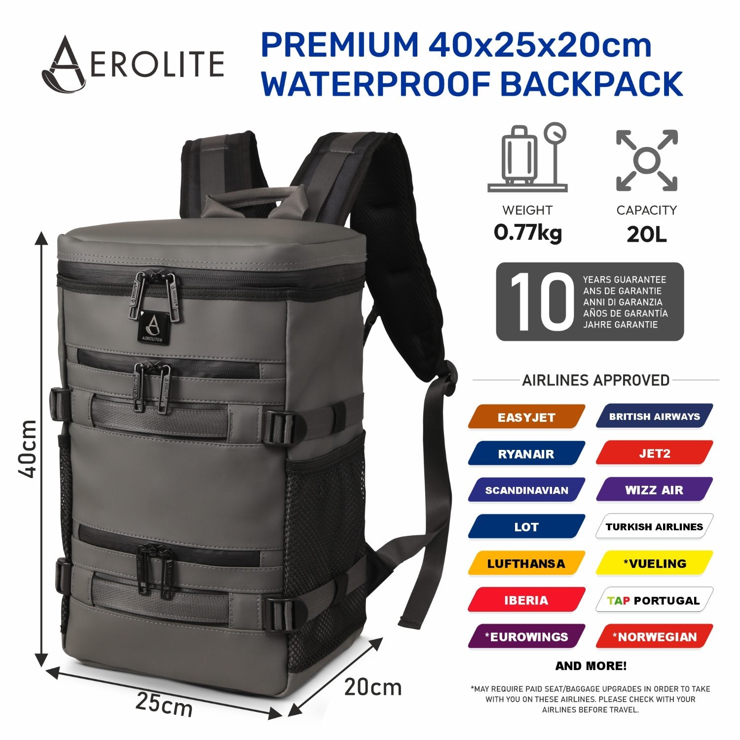 Aerolite Waterproof Backpack – Ryanair & Wizz Air Free Underseat Size 40×20×25 cm, 20L Cabin Rucksack with 14″ Laptop Sleeve, Multiple Pockets & Travel Essentials – Dark Green