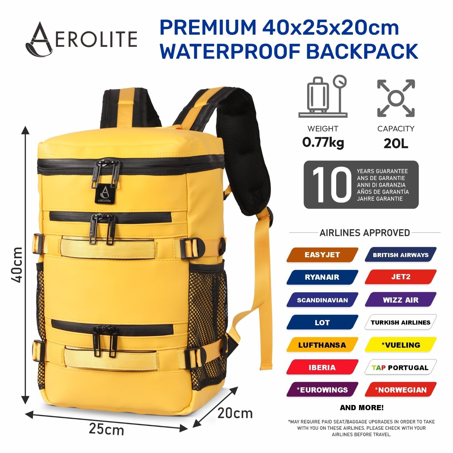 Aerolite Waterproof Backpack – Ryanair & Wizz Air Free Underseat Size 40×20×25 cm, 20L Cabin Rucksack with 14″ Laptop Sleeve, Multiple Pockets & Travel Essentials – Mango