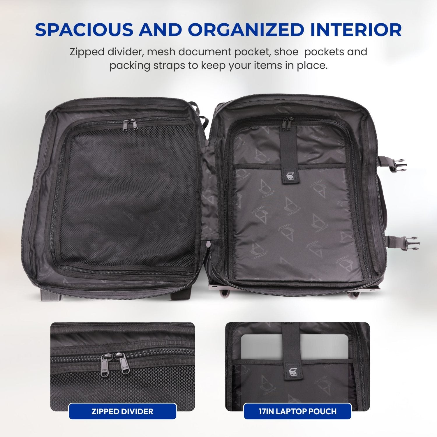 Aerolite Waterproof Trolley Cabin Bag, Ryanair Priority Max Size 55x40×20 cm, 44L Carry-On with 17" Laptop Sleeve, TSA Lock & 2 Wheels – Black