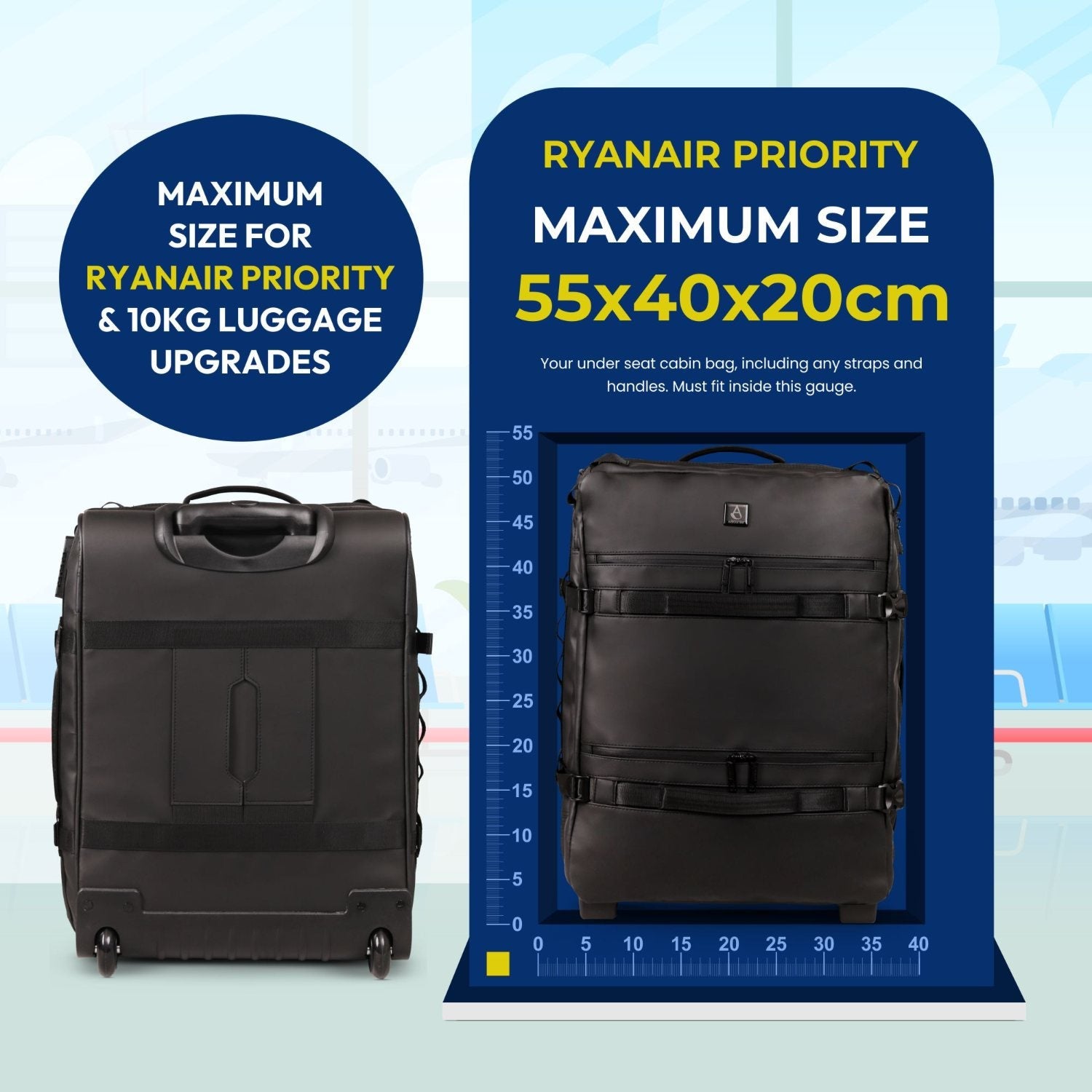 Aerolite Waterproof Trolley Cabin Bag, Ryanair Priority Max Size 55x40×20 cm, 44L Carry-On with 17" Laptop Sleeve, TSA Lock & 2 Wheels – Black