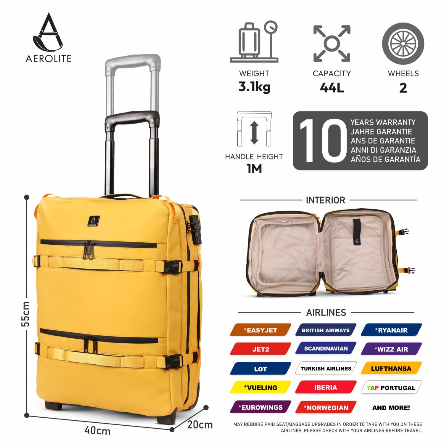 Aerolite Waterproof Trolley Cabin Bag, Ryanair Priority Max Size 55x40×20 cm, 44L Carry-On with 17" Laptop Sleeve, TSA Lock & 2 Wheels – Mango