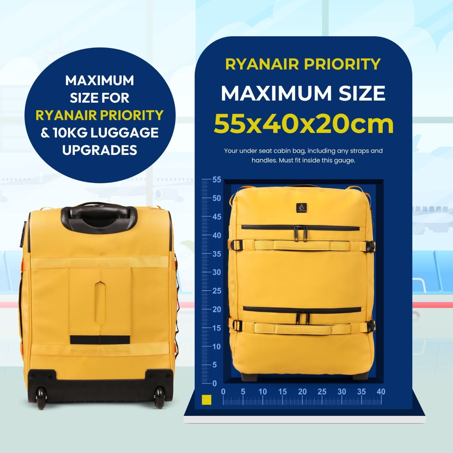 Aerolite Waterproof Trolley Cabin Bag, Ryanair Priority Max Size 55x40×20 cm, 44L Carry-On with 17" Laptop Sleeve, TSA Lock & 2 Wheels – Mango