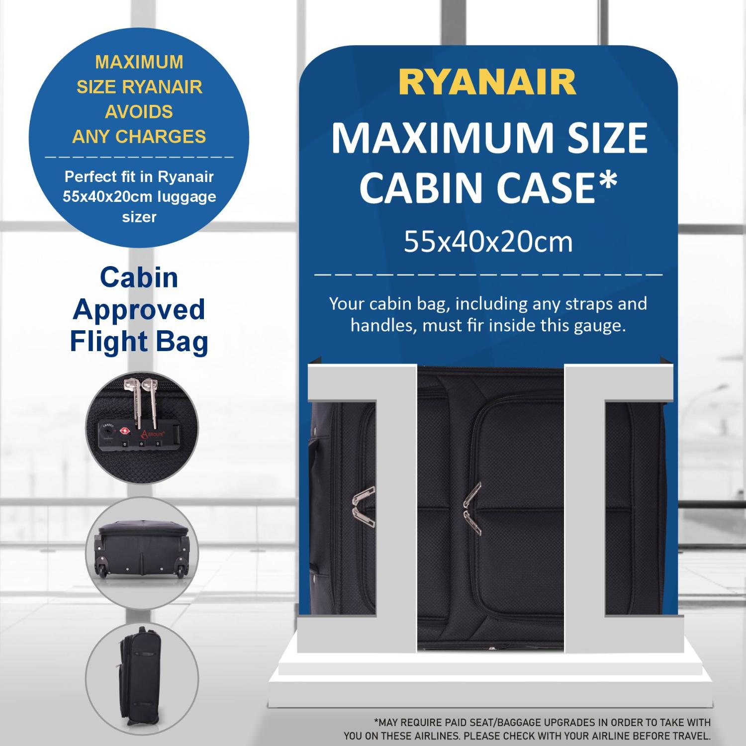 Aerolite (55x40x20cm) Lightweight Cabin Hand Luggage 2 Wheels, Maximum Possible Allowance For Ryanair - Packed Direct UK