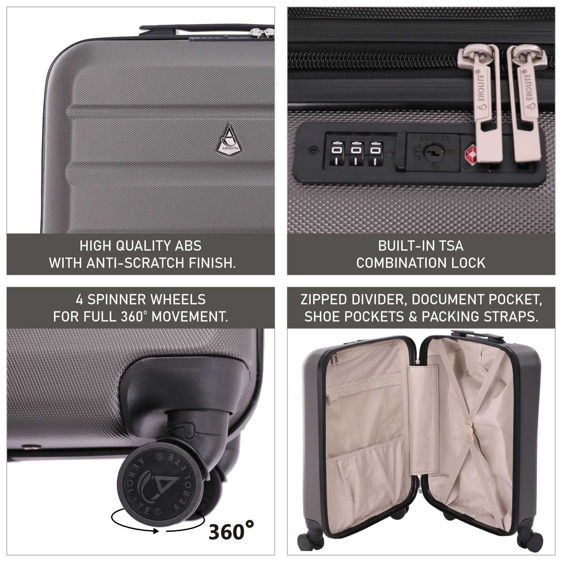 Aerolite (55x40x20cm) Ryanair Maximum Lightweight Hard Shell Cabin Hand Luggage, 4 Wheels - Packed Direct UK