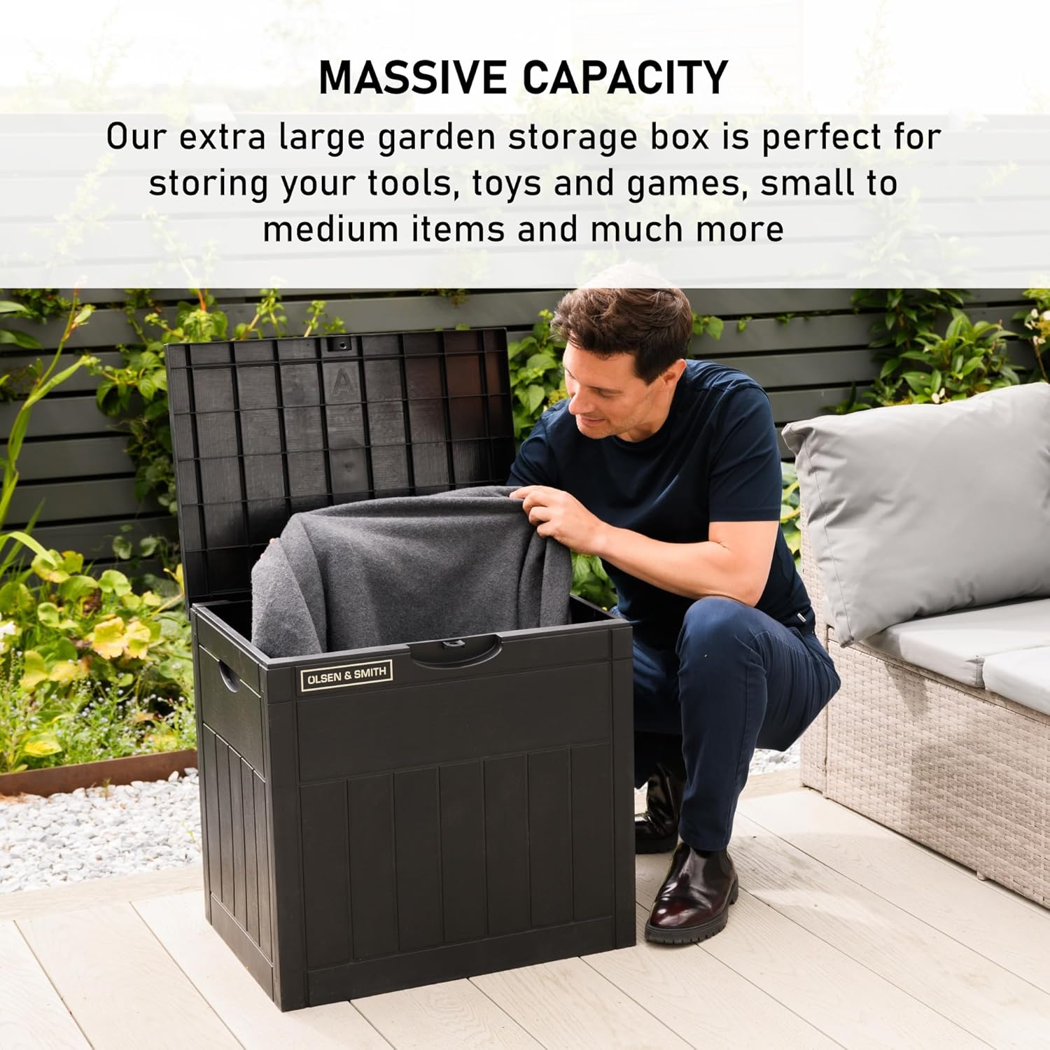 Olsen & Smith 126L Capacity Outdoor Garden Plastic Storage Box Small Balcony Furniture - Lockable with Padlock Lock, Weather Resistant, Wood Panel Look Shed Chest - Packed Direct UK