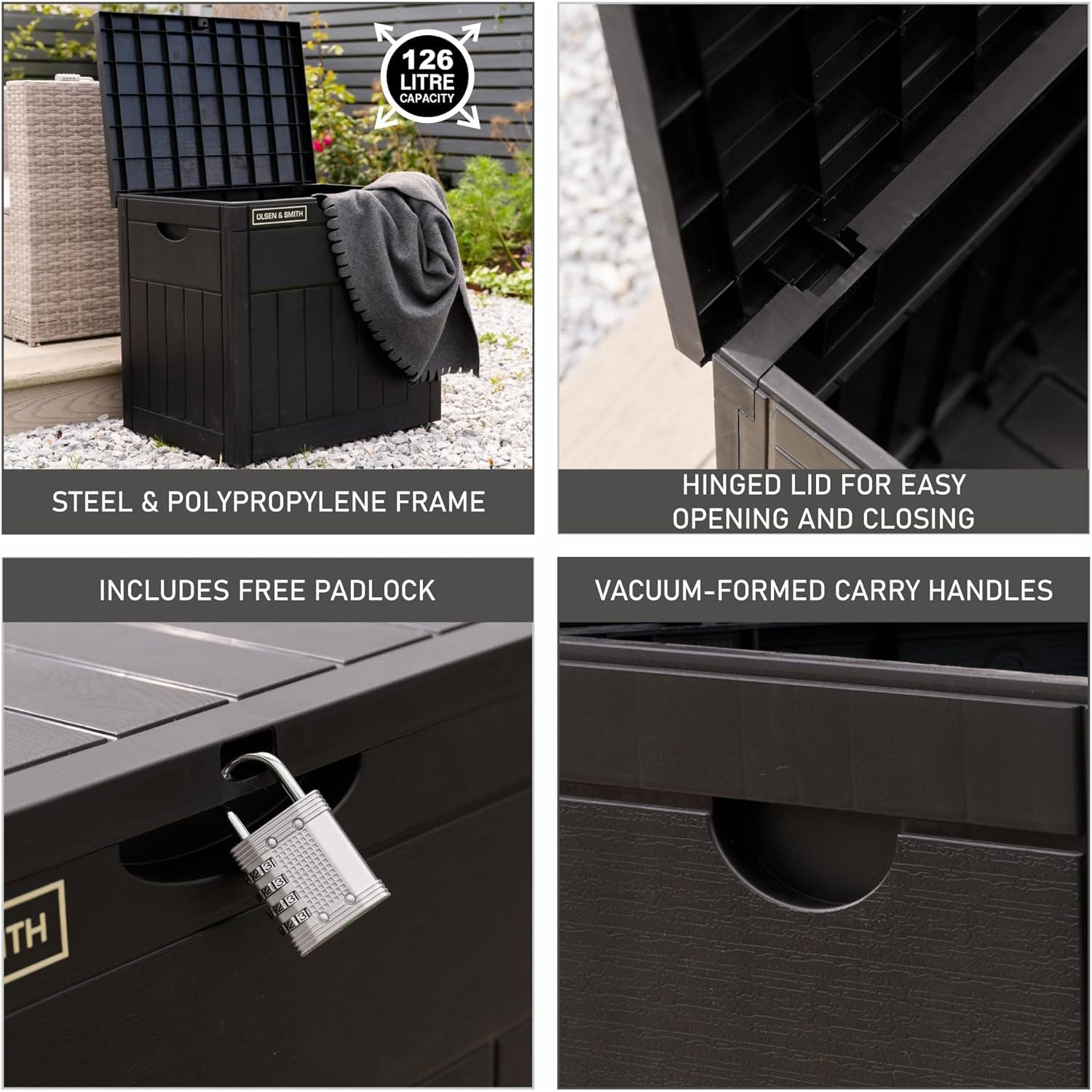 Olsen & Smith 126L Capacity Outdoor Garden Plastic Storage Box Small Balcony Furniture - Lockable with Padlock Lock, Weather Resistant, Wood Panel Look Shed Chest - Packed Direct UK