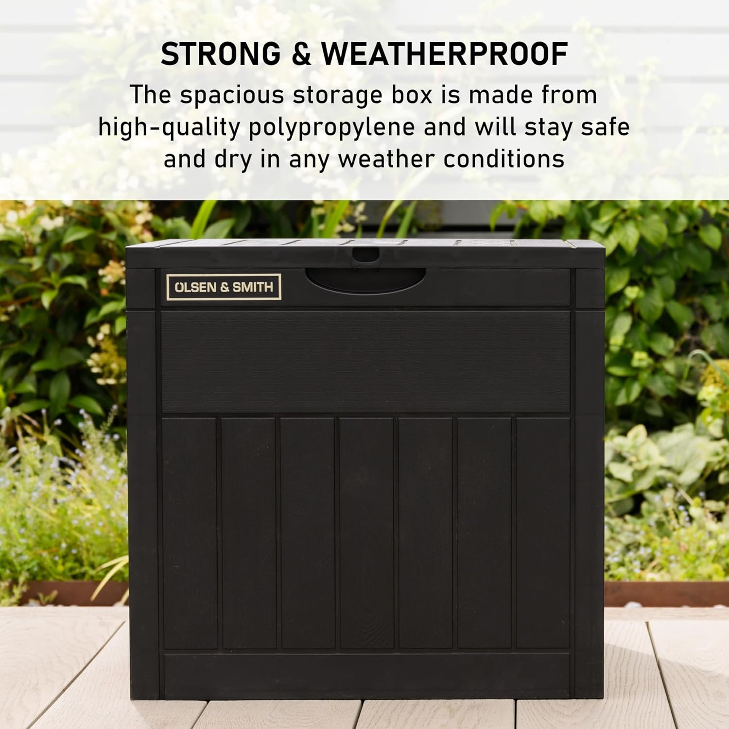 Olsen & Smith 126L Capacity Outdoor Garden Plastic Storage Box Small Balcony Furniture - Lockable with Padlock Lock, Weather Resistant, Wood Panel Look Shed Chest - Packed Direct UK