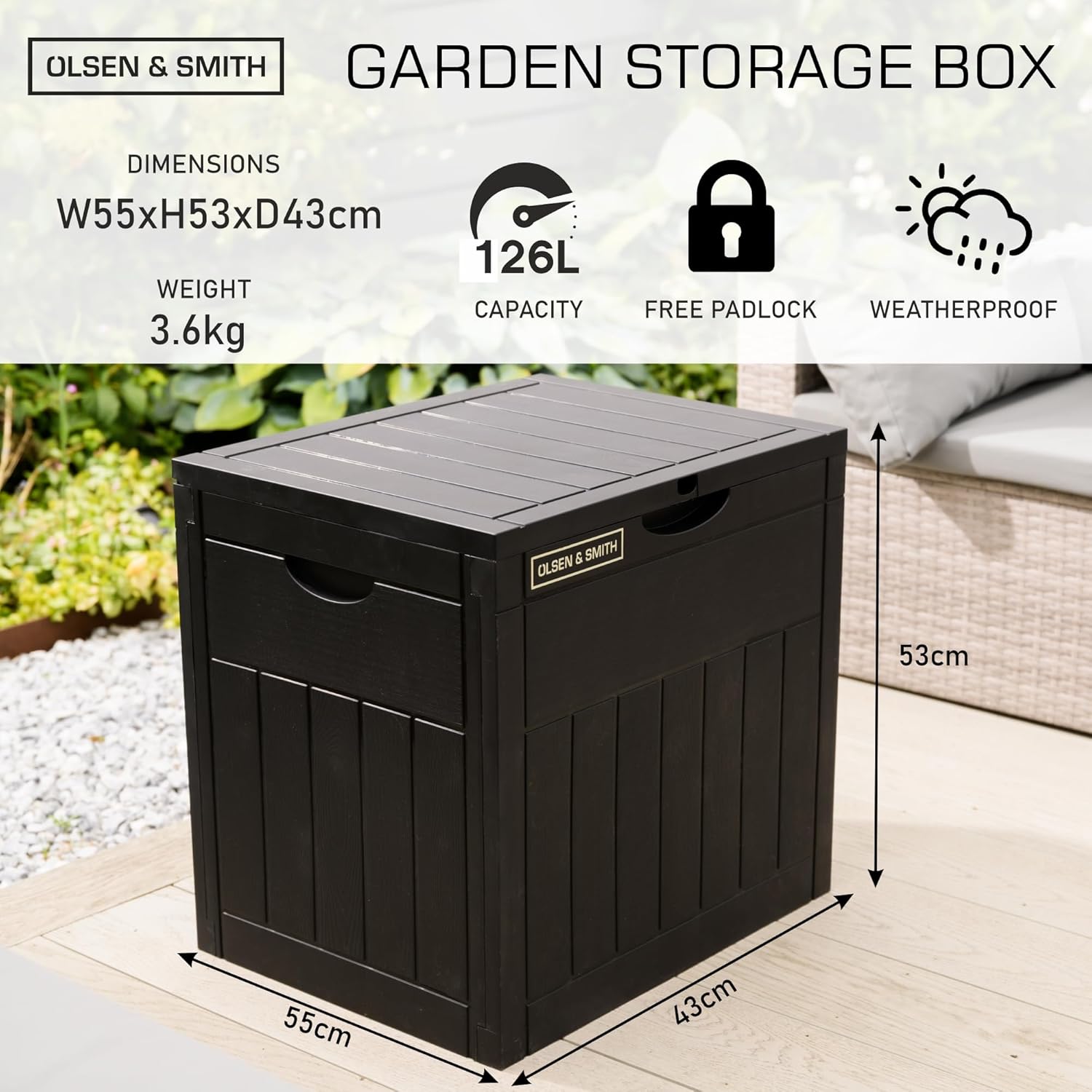 Olsen & Smith 126L Capacity Outdoor Garden Plastic Storage Box Small Balcony Furniture - Lockable with Padlock Lock, Weather Resistant, Wood Panel Look Shed Chest - Packed Direct UK