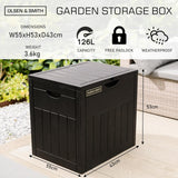 Olsen & Smith 126L Capacity Outdoor Garden Plastic Storage Box Small Balcony Furniture - Lockable with Padlock Lock, Weather Resistant, Wood Panel Look Shed Chest - Packed Direct UK
