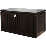 Olsen & Smith 270L MASSIVE Capacity Outdoor Garden Storage Box With Padlock Plastic Shed - Weatherproof & Sit On with Wood Effect Chest (270 Litre, Black)