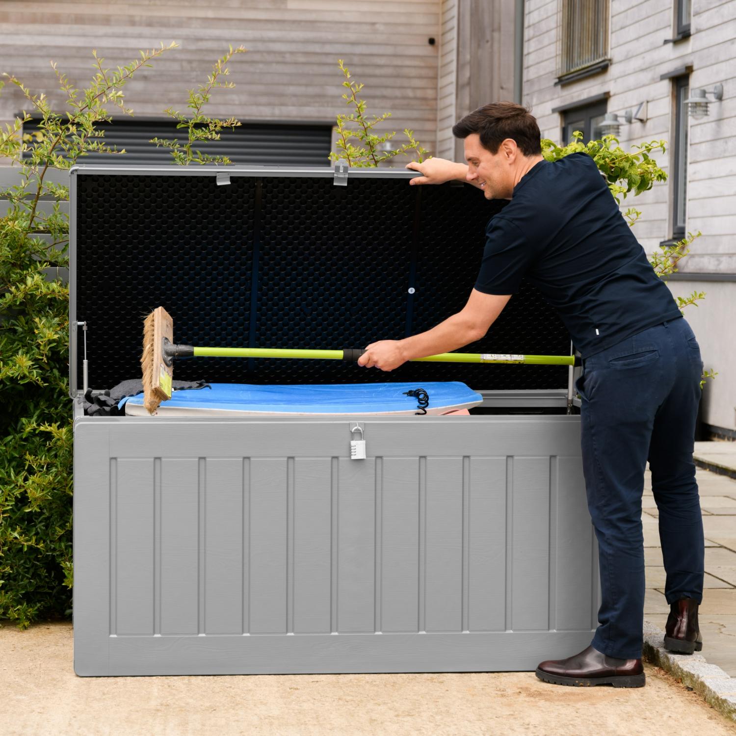 Olsen & Smith 680L/830L MASSIVE Capacity Outdoor Garden Storage Box Plastic Shed - Weatherproof & Sit On with Wood Effect Chest - Packed Direct UK