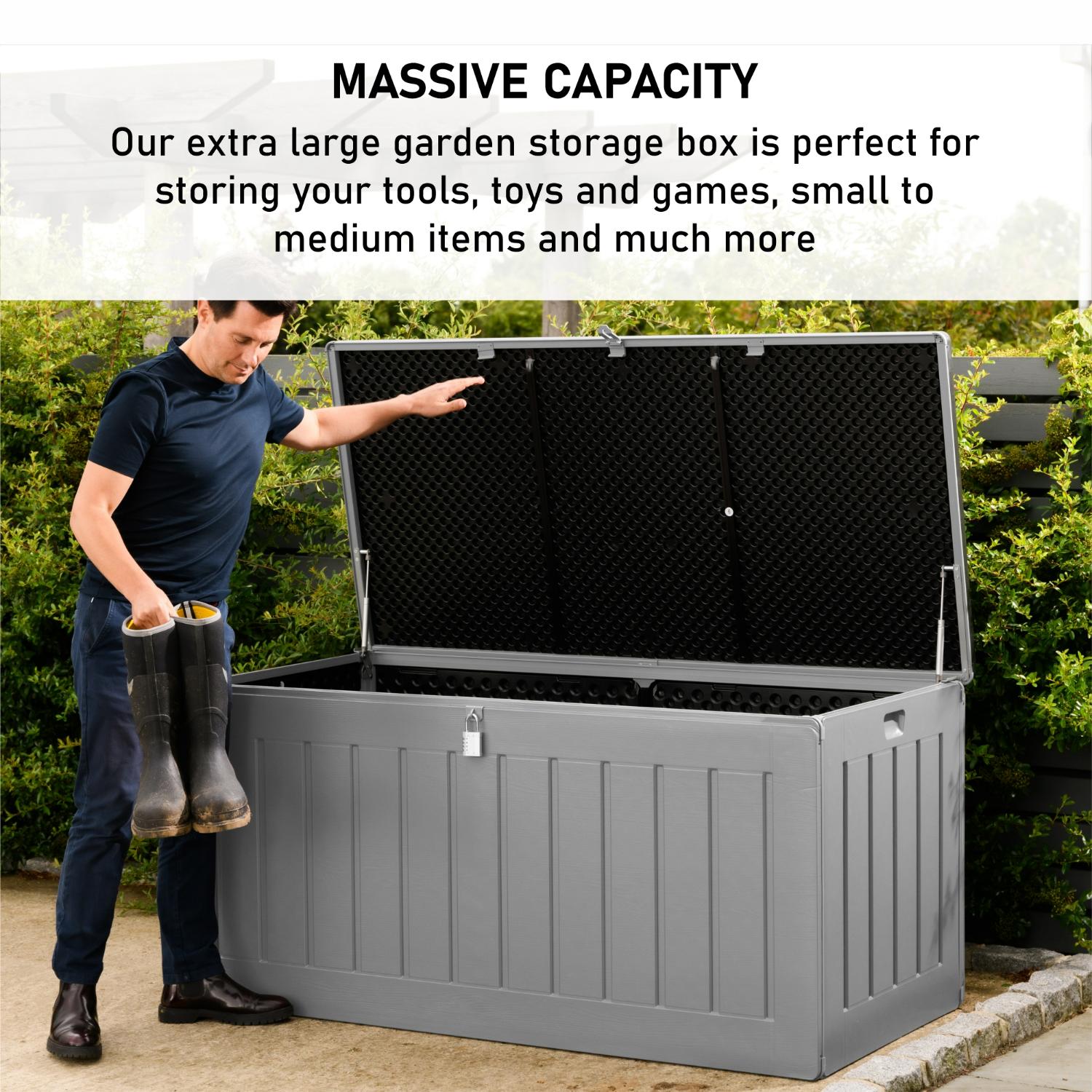 Olsen & Smith 680L/830L MASSIVE Capacity Outdoor Garden Storage Box Plastic Shed - Weatherproof & Sit On with Wood Effect Chest - Packed Direct UK