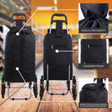 Hoppa Lightweight 6-Wheel Folding Shopping Trolley Large 47L Capacity Shopping Trolley Bag, 95cm, 2kg, Push/Pull Stairclimber (Black)
