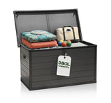Olsen & Smith 380L Large Garden Storage Box Weather Resistant Outdoor Storage Chest with Lockable Lid Padlock Wood Effect Plastic Cushion Storage Box Heavy Duty Patio Storage Grey