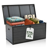 Olsen & Smith 570L Large Garden Storage Box Weather Resistant Outdoor Storage Chest with Lockable Lid Padlock Wood Effect Plastic Cushion Storage Box Heavy Duty Patio Storage Grey