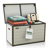 Olsen & Smith 380L Large Garden Storage Box Weather Resistant Outdoor Storage Chest with Lockable Lid Padlock Wood Effect Plastic Cushion Storage Box Heavy Duty Patio Storage Beige