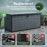 Olsen & Smith 570L Large Garden Storage Box Weather Resistant Outdoor Storage Chest with Lockable Lid Padlock Wood Effect Plastic Cushion Storage Box Heavy Duty Patio Storage Grey