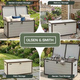 Olsen & Smith 380L Large Garden Storage Box Weather Resistant Outdoor Storage Chest with Lockable Lid Padlock Wood Effect Plastic Cushion Storage Box Heavy Duty Patio Storage Beige