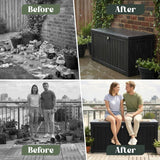 Olsen & Smith 570L Large Garden Storage Box Weather Resistant Outdoor Storage Chest 100% Recycled Plastic Cushion Storage Box with Gas-Assisted Hinges Lockable Lid Combination Padlock and Wood Effect Finish Grey