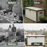 Olsen & Smith 380L Large Garden Storage Box Weather Resistant Outdoor Storage Chest with Lockable Lid Padlock Wood Effect Plastic Cushion Storage Box Heavy Duty Patio Storage Beige