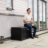 Olsen & Smith 270L MASSIVE Capacity Outdoor Garden Storage Box With Padlock Plastic Shed - Weatherproof & Sit On with Wood Effect Chest (270 Litre, Black)