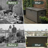 Olsen & Smith 380L Large Garden Storage Box Weather Resistant Outdoor Storage Chest with Lockable Lid Padlock Wood Effect Plastic Cushion Storage Box Heavy Duty Patio Storage Grey