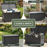 Olsen & Smith 380L Large Garden Storage Box Weather Resistant Outdoor Storage Chest with Lockable Lid Padlock Wood Effect Plastic Cushion Storage Box Heavy Duty Patio Storage Grey