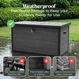 Olsen & Smith 380L Large Garden Storage Box Weather Resistant Outdoor Storage Chest with Lockable Lid Padlock Wood Effect Plastic Cushion Storage Box Heavy Duty Patio Storage Grey
