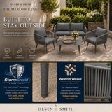 Olsen & Smith Marlow 4 Seater Rattan Garden Furniture Set Outdoor Sofa Set with 3 Seater Sofa Armchair Coffee Table Waterproof Olefin Cushions StormShield Iron Frame Slate Grey