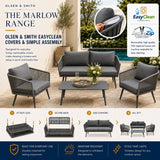 Olsen & Smith Marlow 4 Seater Rattan Garden Furniture Set Outdoor Sofa Set with 3 Seater Sofa Armchair Coffee Table Waterproof Olefin Cushions StormShield Iron Frame Slate Grey