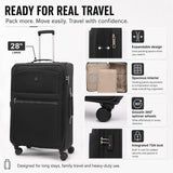 Aerolite Premium 28 Inch Expandable Large Suitcase 103L to 120L Lightweight Soft Shell Checked Luggage with Reinforced Metal Frame Japanese YKK Zippers TSA Lock Silent Dual Spinner Wheels