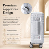 Aerolite M-Lite Aluminium Frame Cabin Suitcase 55x40x20cm Airline Approved Carry On Luggage with Front Laptop Compartment Hinomoto STOP Wheels TSA Latch Locks USB Charging 15 Year Warranty Silver