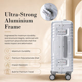 Aerolite M-Lite Aluminium Frame Cabin Suitcase 55x40x20cm Airline Approved Carry On Luggage with Front Laptop Compartment Hinomoto STOP Wheels TSA Latch Locks USB Charging 15 Year Warranty Silver