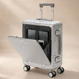 Aerolite M-Lite Aluminium Frame Cabin Suitcase 55x40x20cm Airline Approved Carry On Luggage with Front Laptop Compartment Hinomoto STOP Wheels TSA Latch Locks USB Charging 15 Year Warranty Silver