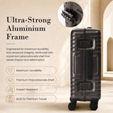 Aerolite M-Lite Aluminium Frame Cabin Suitcase 55x40x20cm Airline Approved Carry On Luggage with Front Laptop Compartment Hinomoto STOP Wheels TSA Latch Locks USB Charging 15 Year Warranty Charcoal
