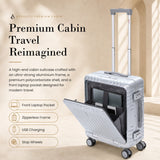 Aerolite M-Lite Aluminium Frame Cabin Suitcase 55x40x20cm Airline Approved Carry On Luggage with Front Laptop Compartment Hinomoto STOP Wheels TSA Latch Locks USB Charging 15 Year Warranty Silver