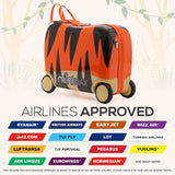 MiniMax 45x36x20cm Kids Tiger Ride-On Suitcase 4PC Set – EasyJet Max Size 29L Children’s Cabin Luggage with Drawstring Bag, Neck Pillow & Stickers