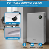 Portable air purifier with features highlighted on a neutral background