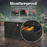 Olsen & Smith 270L Outdoor Garden Storage Box Weatherproof Sit-On Storage Chest 100% Recycled Plastic Wood Effect Cushion Storage Box with Lockable Lid and Padlock Black