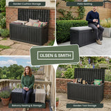 Olsen & Smith 270L Outdoor Garden Storage Box Weatherproof Sit-On Storage Chest 100% Recycled Plastic Wood Effect Cushion Storage Box with Lockable Lid and Padlock Black