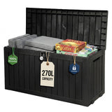 Olsen & Smith 270L Outdoor Garden Storage Box Weatherproof Sit-On Storage Chest 100% Recycled Plastic Wood Effect Cushion Storage Box with Lockable Lid and Padlock Black