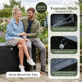 Olsen & Smith 380L Garden Storage Box & Bench 100% Recycled Rattan Effect Outdoor Storage Chest Lockable with 4-Digit Padlock Gas-Assisted Hinges 225kg Seat Dark Anthracite