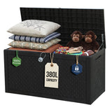 Olsen & Smith 380L Garden Storage Box & Bench 100% Recycled Rattan Effect Outdoor Storage Chest Lockable with 4-Digit Padlock Gas-Assisted Hinges 225kg Seat Dark Anthracite