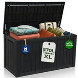 Olsen & Smith Black storage box with colorful cushions and tags indicating capacity and recycling information.