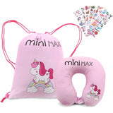Kids Travel Accessories Set Unicorn Neck Pillow Drawstring Bag & 50 Stickers Children's Travel Essentials Bundle for Flights Holidays Ride On Suitcases & Sleepovers