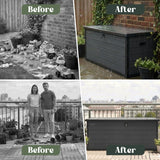 Olsen & Smith 570L Large Garden Storage Box Weather Resistant Outdoor Storage Chest with Lockable Lid Padlock Wood Effect Plastic Cushion Storage Box Heavy Duty Patio Storage Grey