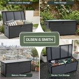 Olsen & Smith 570L Large Garden Storage Box Weather Resistant Outdoor Storage Chest with Lockable Lid Padlock Wood Effect Plastic Cushion Storage Box Heavy Duty Patio Storage Grey