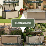 Olsen & Smith 570L Large Garden Storage Box Weather Resistant Outdoor Storage Chest with Lockable Lid Padlock Wood Effect Plastic Cushion Storage Box Heavy Duty Patio Storage Beige