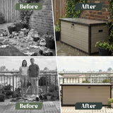 Olsen & Smith 570L Large Garden Storage Box Weather Resistant Outdoor Storage Chest with Lockable Lid Padlock Wood Effect Plastic Cushion Storage Box Heavy Duty Patio Storage Beige